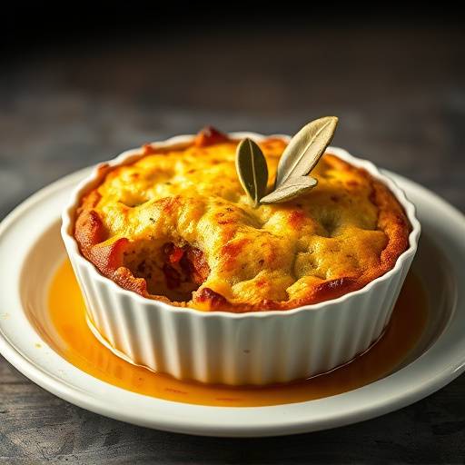 A beautifully plated Bobotie dish with a golden crust and garnished with bay leaves