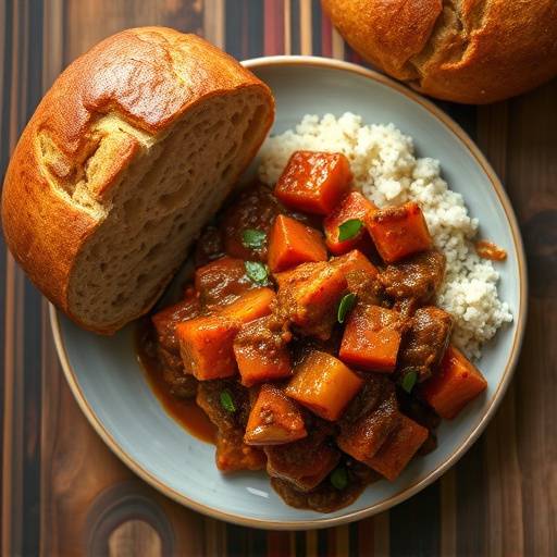 A plate of bunny chow with a rich, dark curry spilling out of the bread loaf