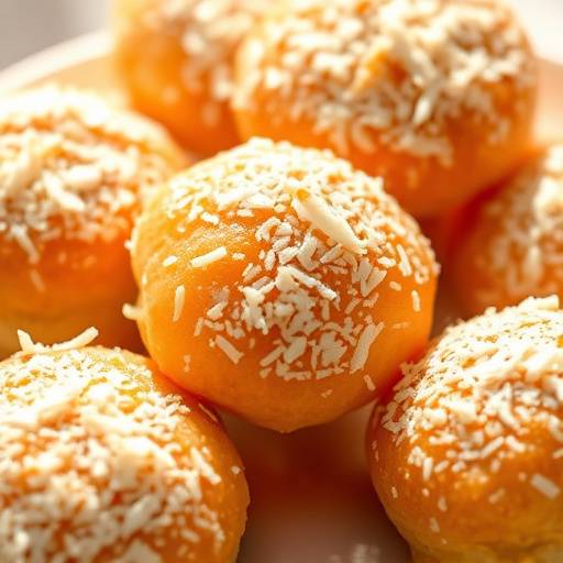 A selection of Koeksisters, some golden and syrupy, others with a coconut coating