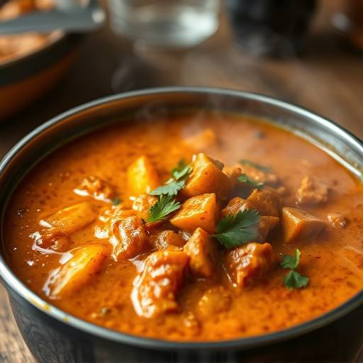 A steaming pot of Durban Curry, showcasing rich, vibrant colors and fragrant spices.