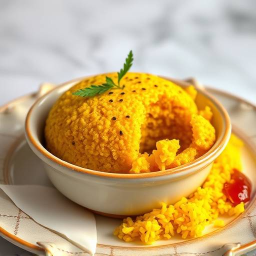 Bobotie served in a ceramic dish with yellow rice and chutney garnish