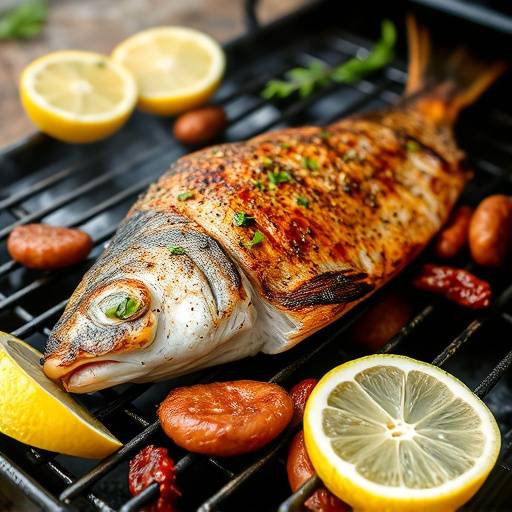 Braaied Snoek on a grill with lemon wedges