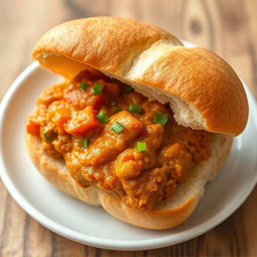 Bunny Chow, a hollowed-out loaf of bread filled with curry, ready to be eaten.