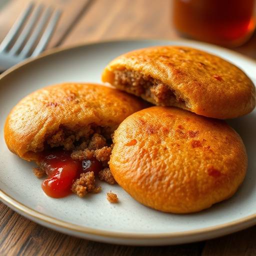 Golden brown vetkoek, fried dough pockets, some filled with savory mince, others with jam