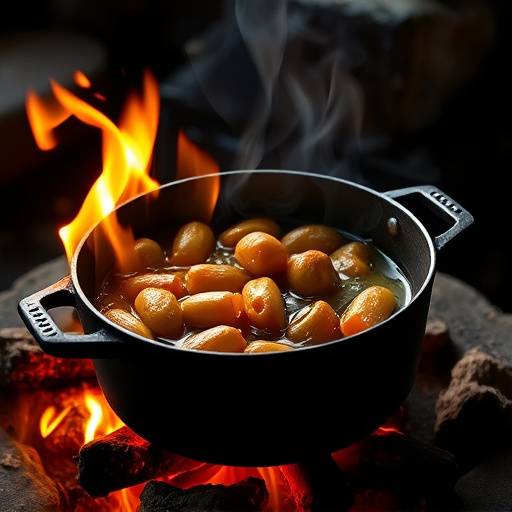 Potjiekos simmering in a cast iron pot over an open fire