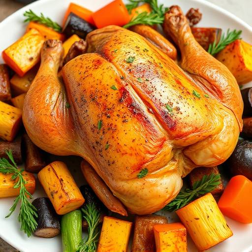 Roast Chicken with roasted vegetables arranged on a platter
